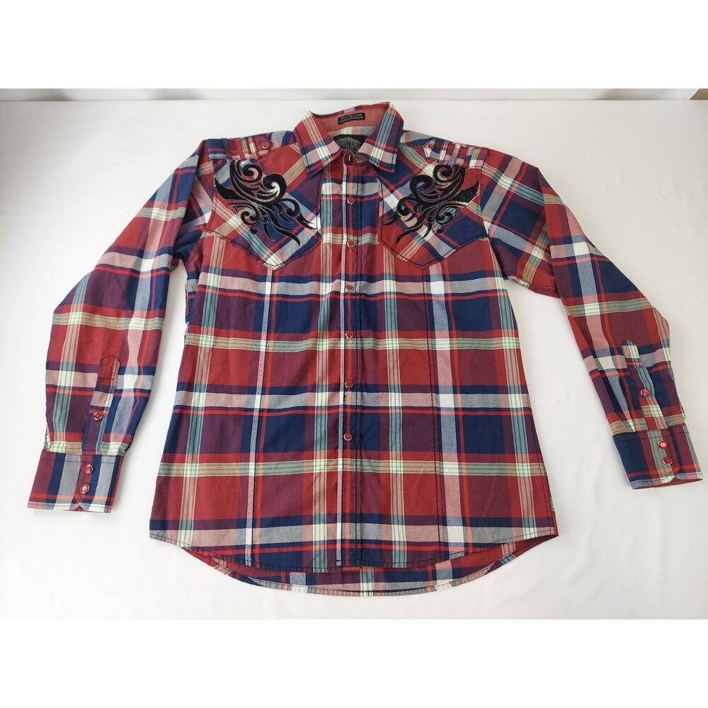 Montero Jeans Plaid Western Shirt Cowboycore Men's Embroidered Blue Red Medium